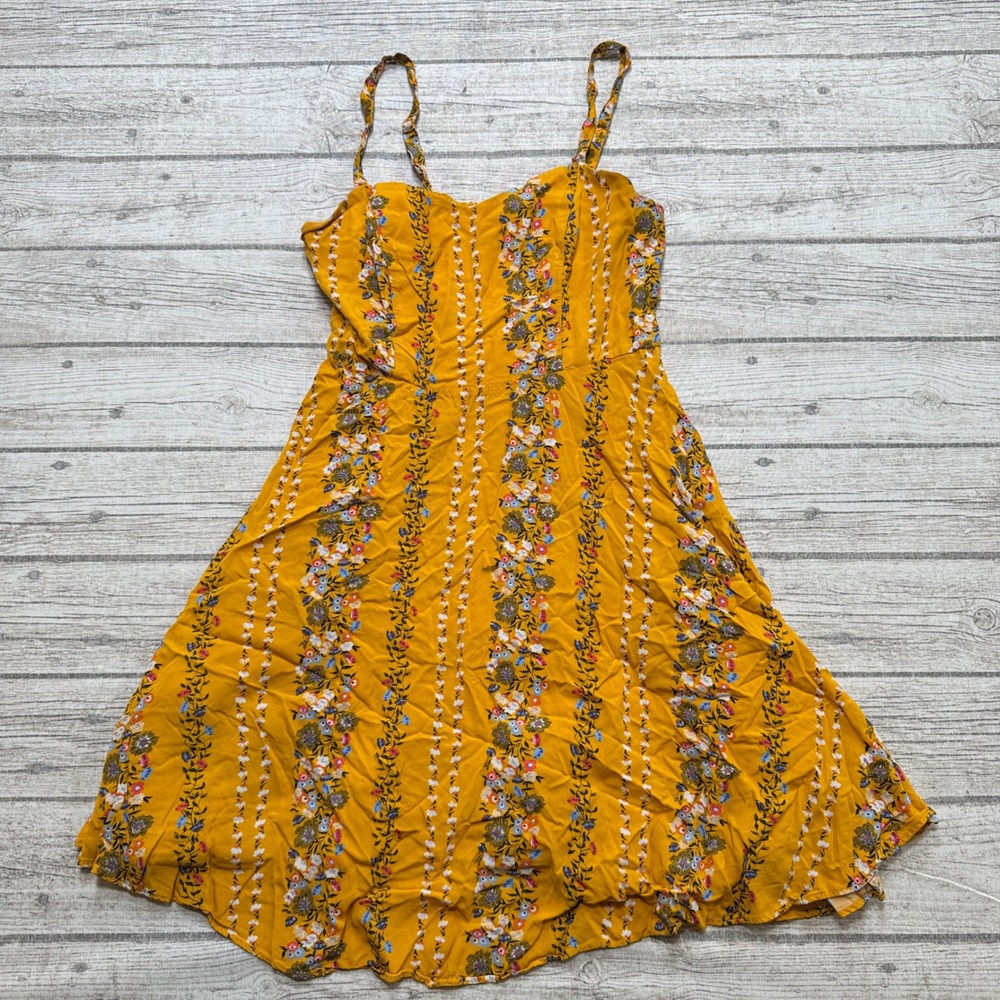 Old Navy Floral Sun Dress Women's Medium Yellow Rayon Smocked Back Fit & Flare